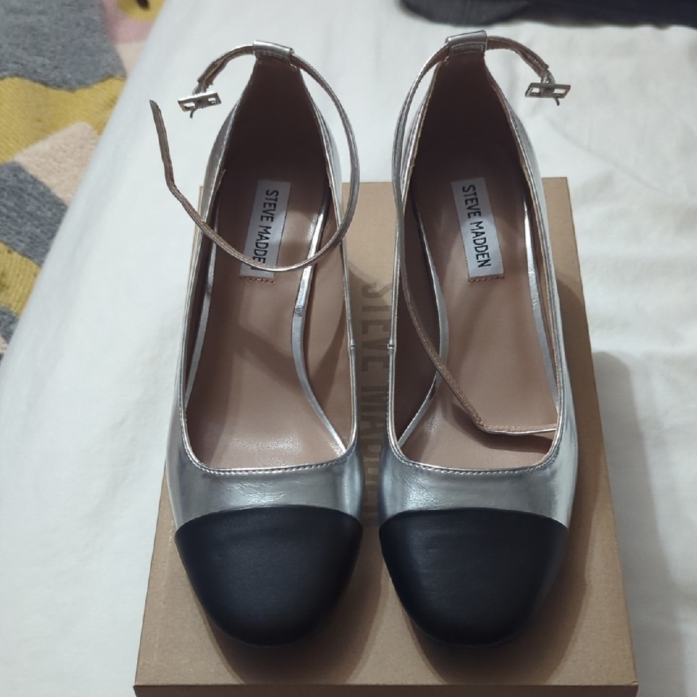 Steve Madden Eli Silver and Black Heels